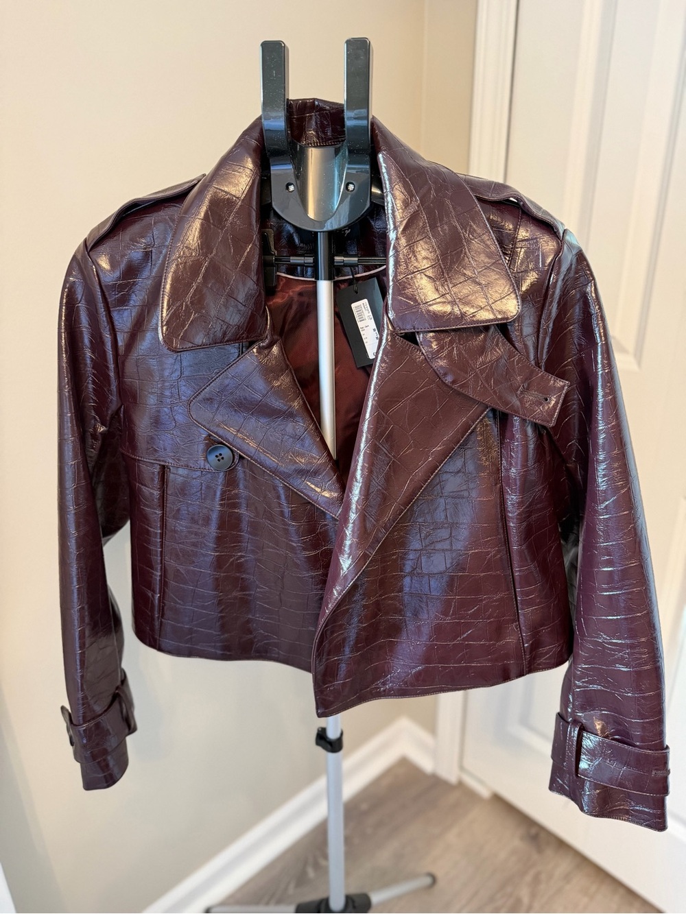 River Island Cropped Faux Leather Jacket - Deep Burgundy